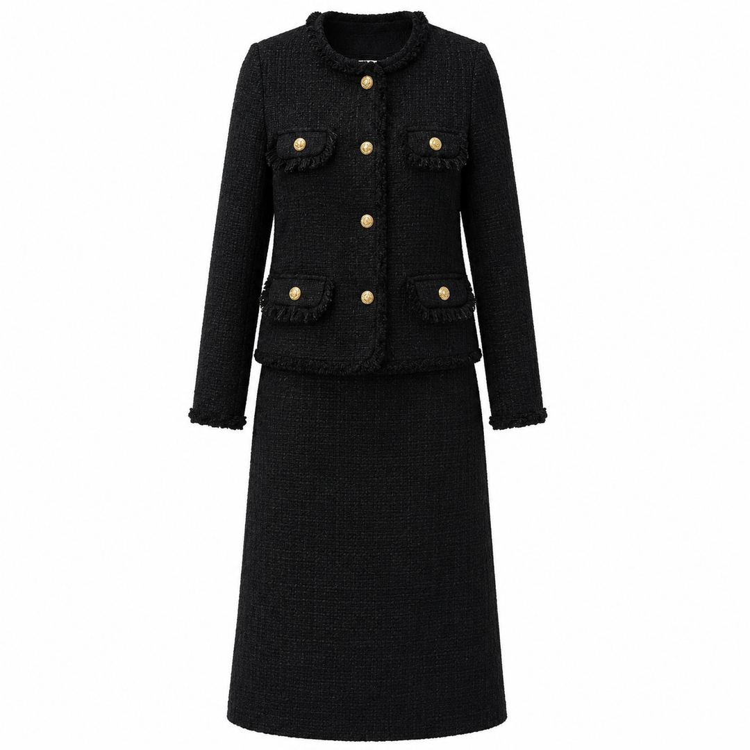 Elegant Black Textured Jacket &amp; Midi Skirt Set