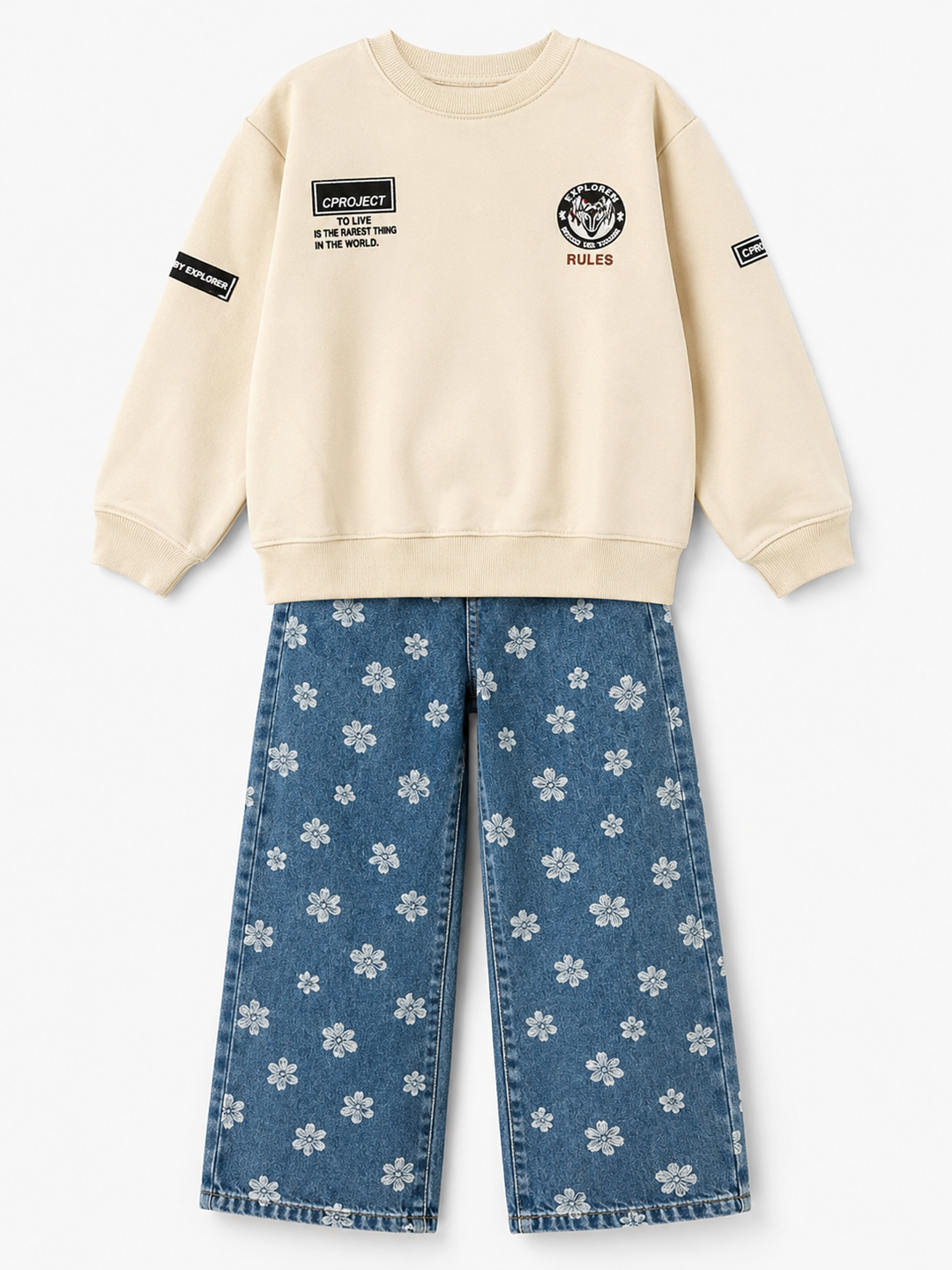 Kids Explorer Graphic Sweatshirt &amp; Floral Denim Pants Set