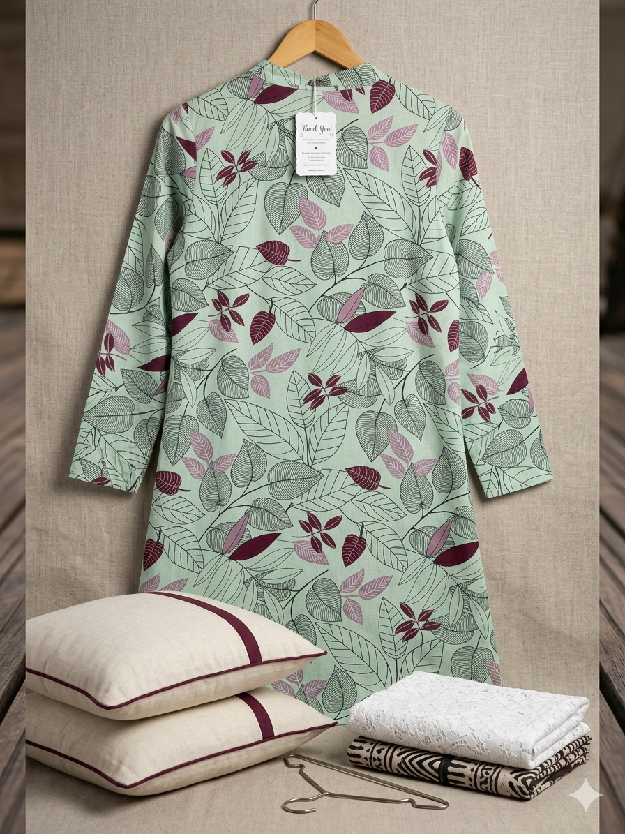 Mint Green Botanical Print A-Line Tunic with Multi-Color Leaves