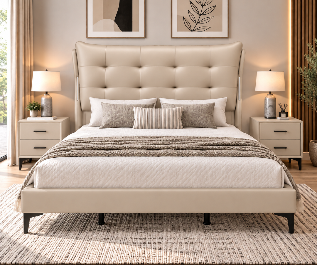 Yangyamshi Beige Queen Bed Combo – Bed + 2 Bedside Tables