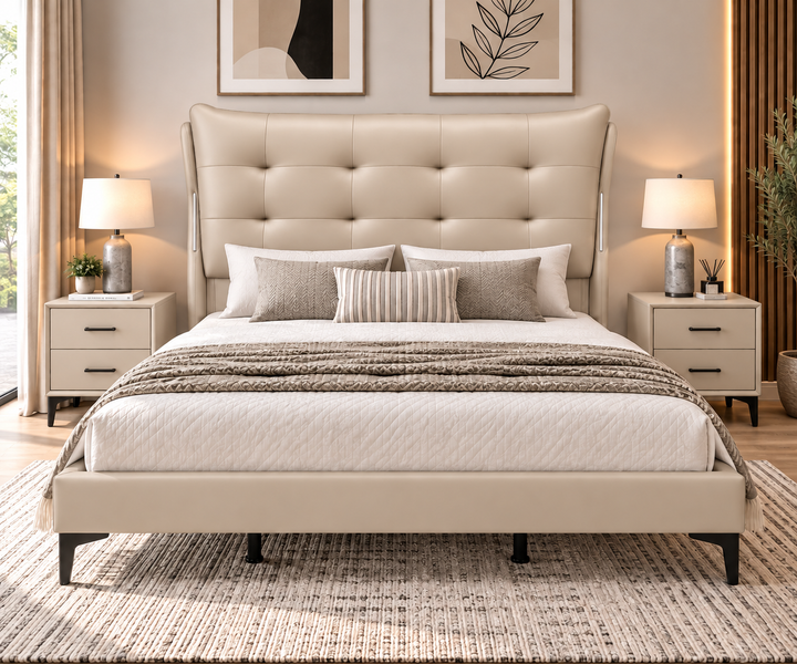 Yangyamshi Beige Queen Bed Combo – Bed + 2 Bedside Tables