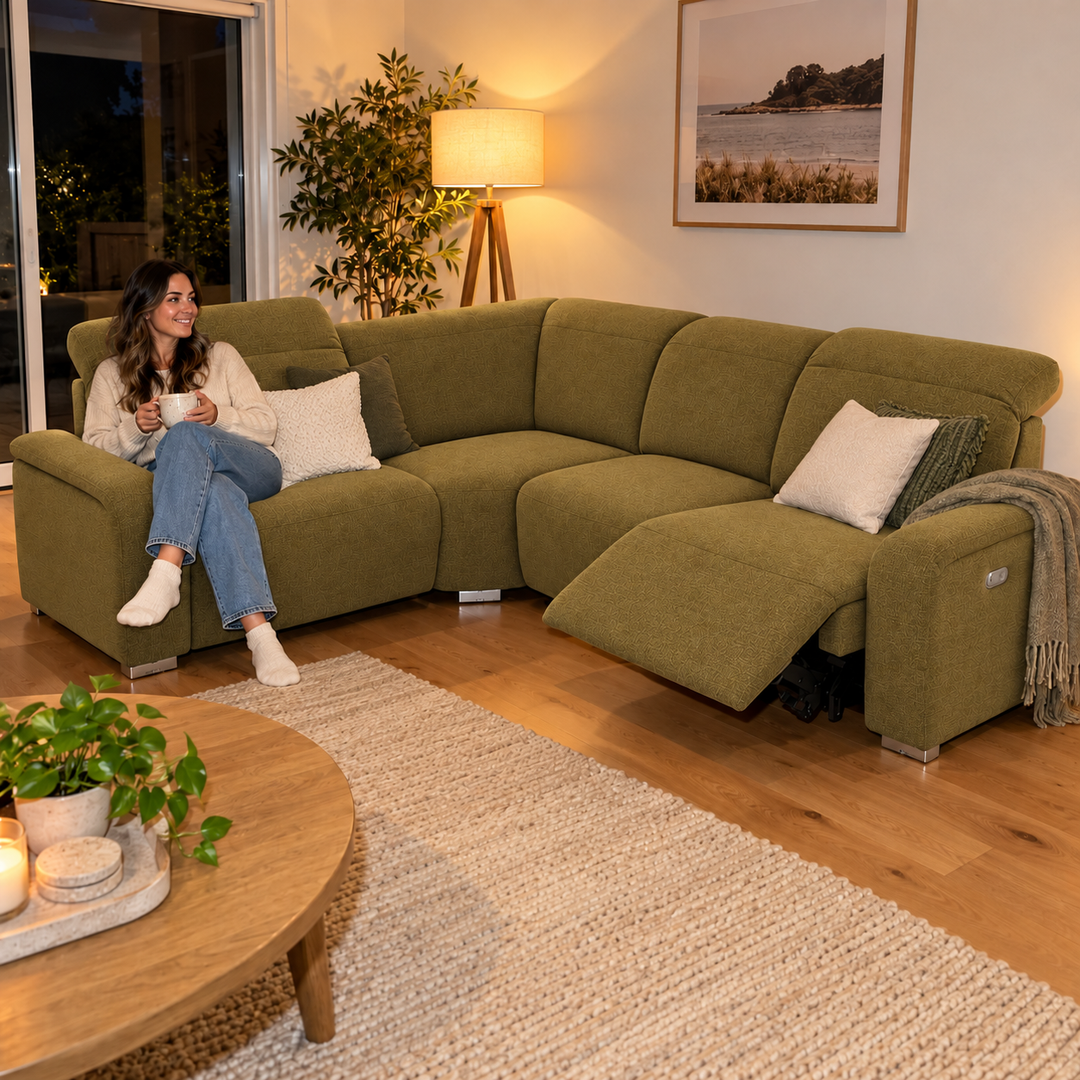 Emma Electric Corner Sofa - Monelli 65 - Mustard Olive — flash lifestyle visualisation