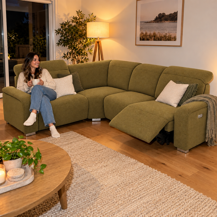 Emma Electric Corner Sofa - Monelli 65 - Mustard Olive — flash lifestyle visualisation