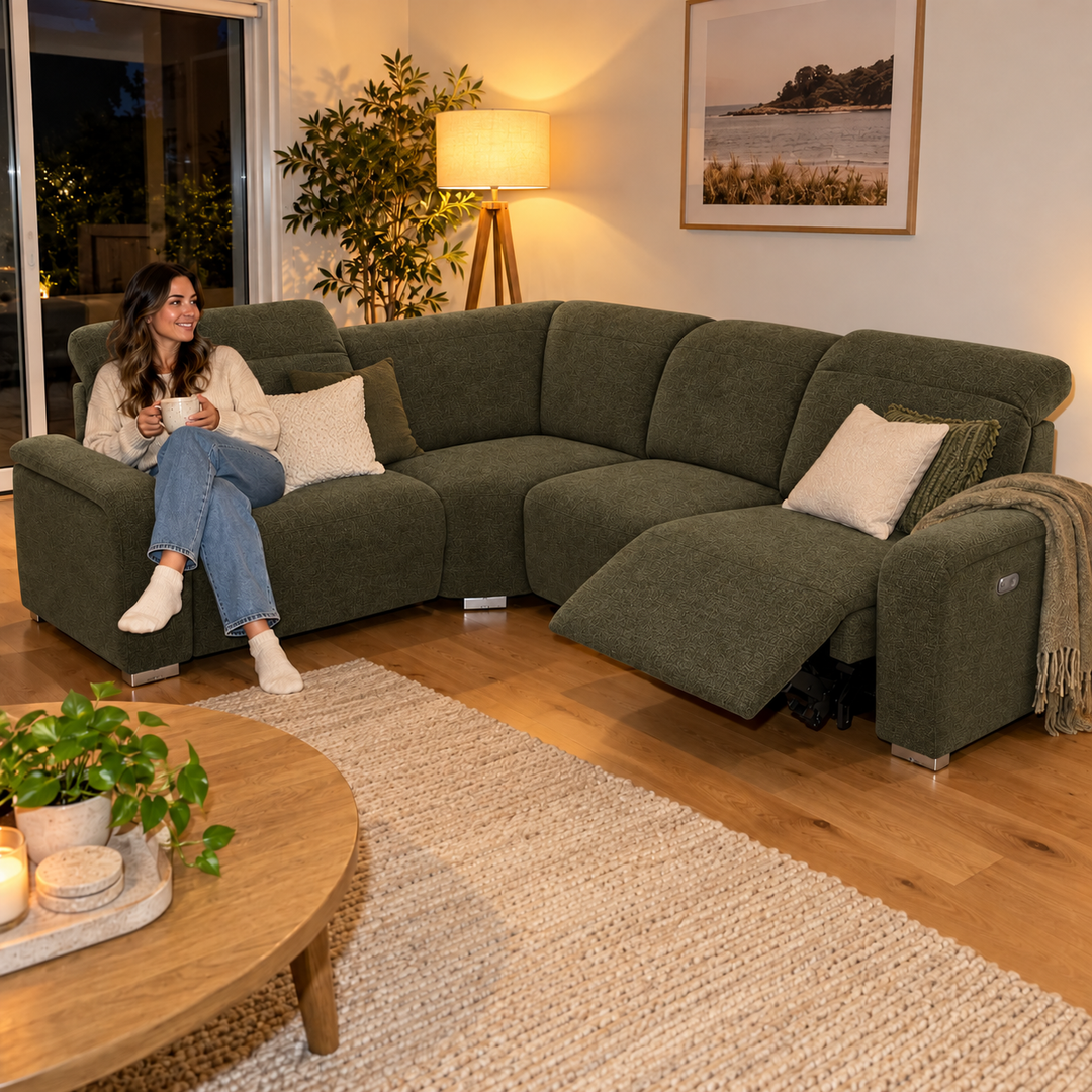 Emma Electric Corner Sofa - Reverb 77 - Dark Olive — flash lifestyle visualisation