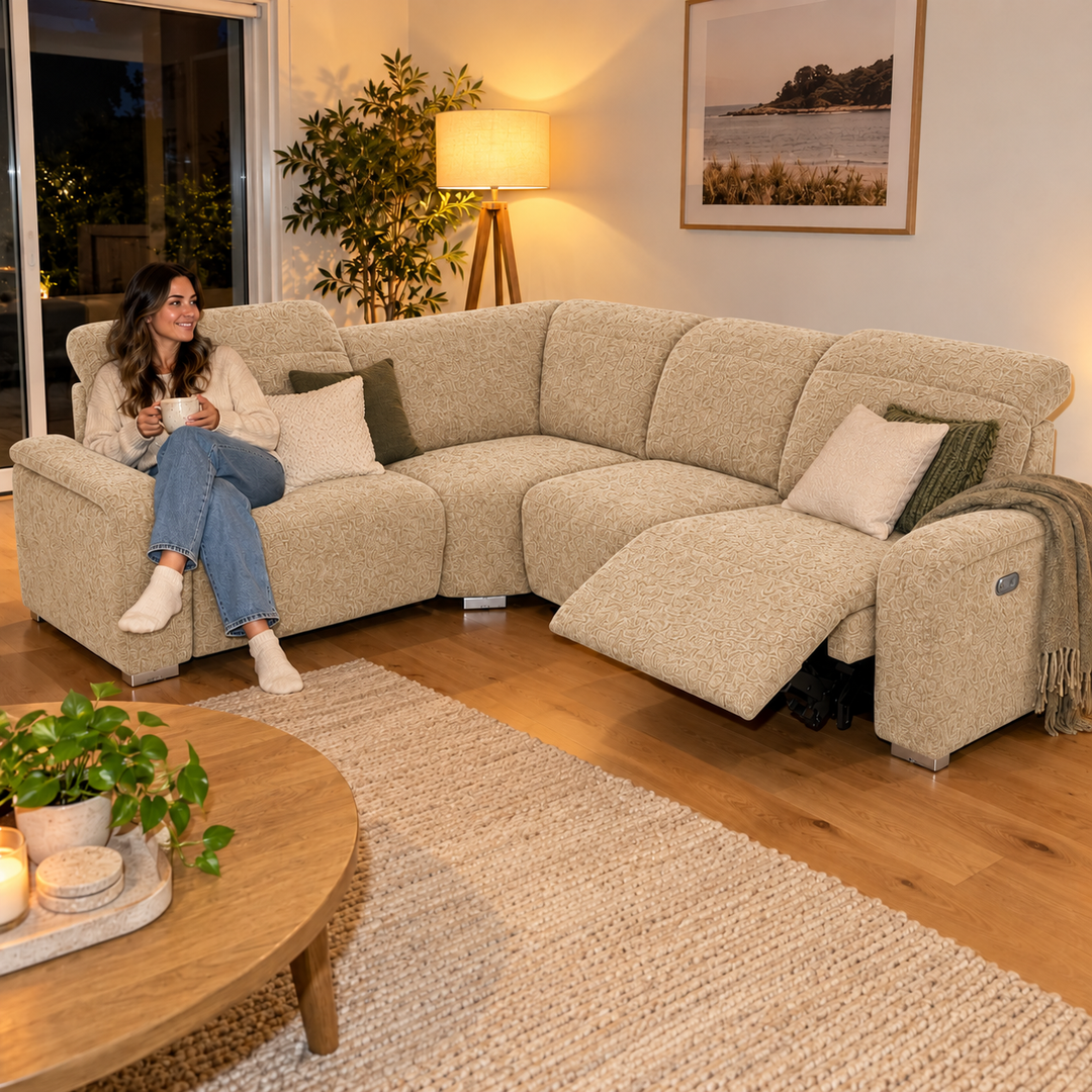 Emma Electric Corner Sofa - Mello 28 - Creamy Beige — flash lifestyle visualisation
