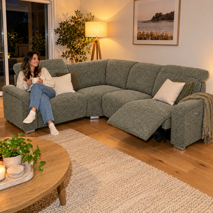 Emma Electric Corner Sofa - Mora 77 - Olive Green — flash lifestyle visualisation