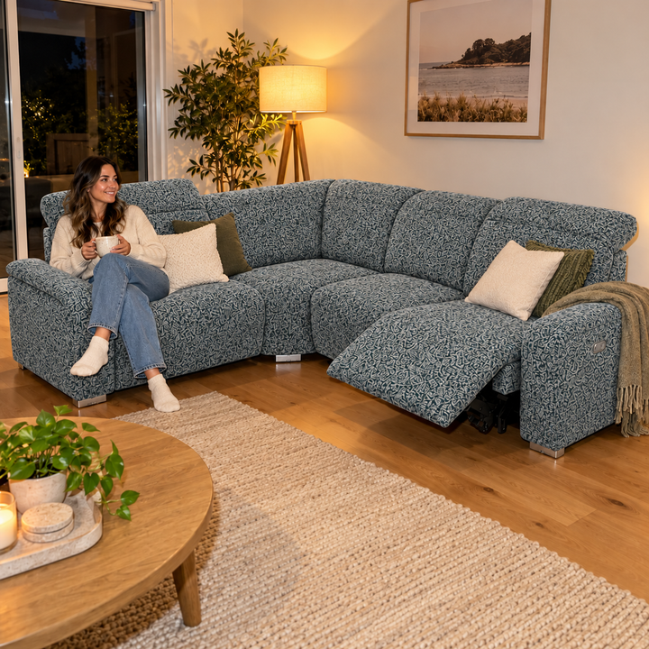 Emma Electric Corner Sofa - Mora 89 - Teal Blue — flash lifestyle visualisation