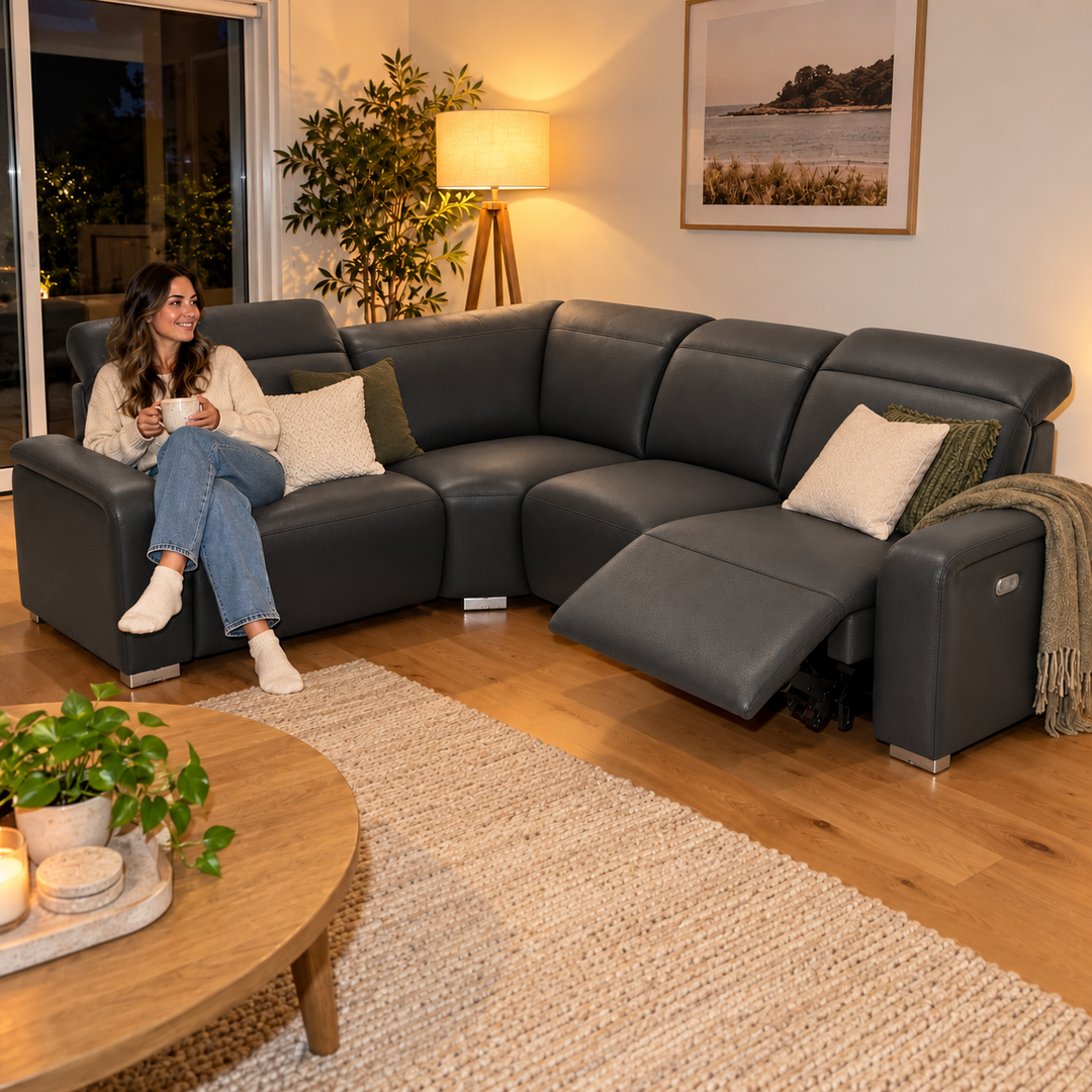 Emma Electric Corner Sofa - Vegan Leather 01 - Charcoal Black — flash lifestyle visualisation