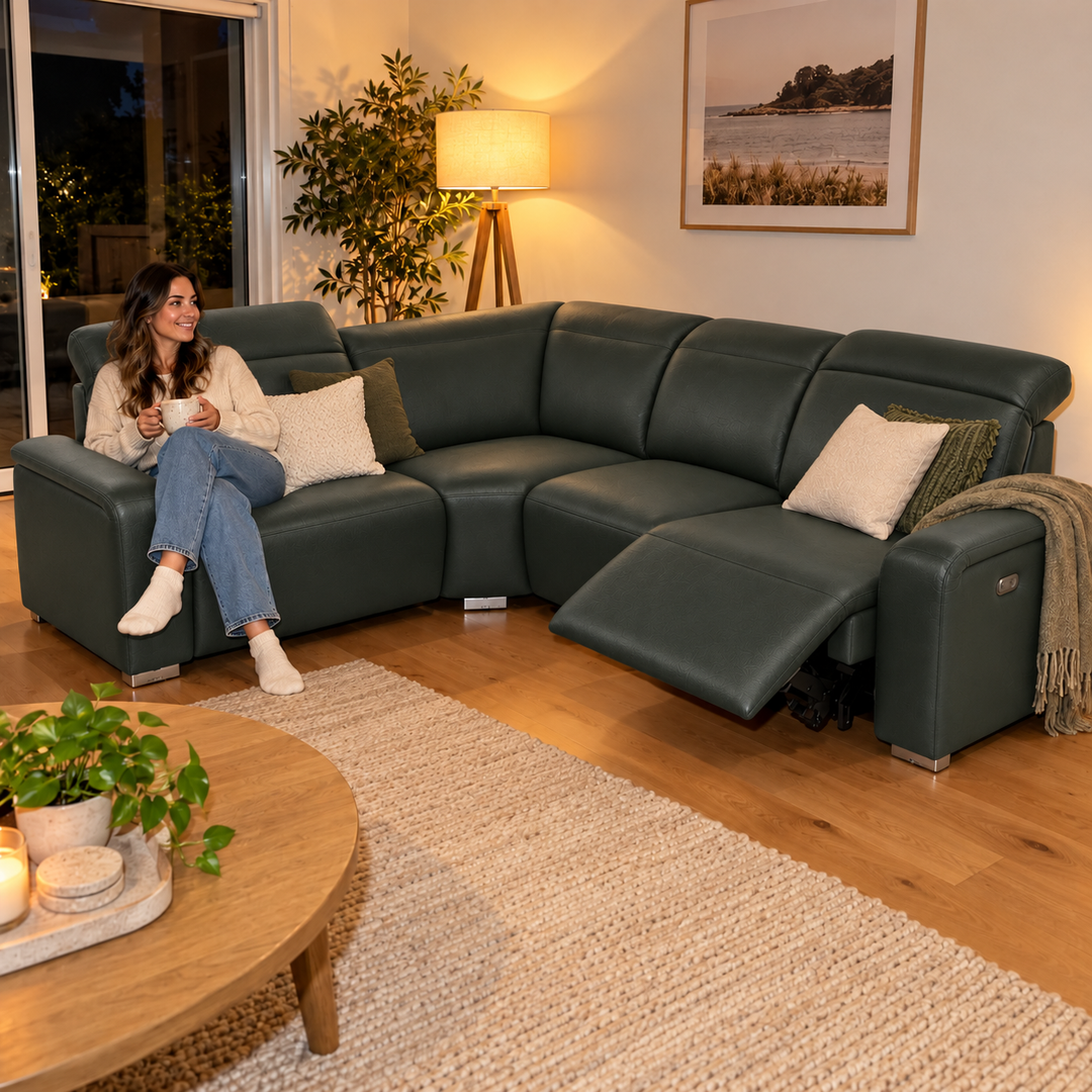 Emma Electric Corner Sofa - Vegan Leather 03 - Deep Forest — flash lifestyle visualisation