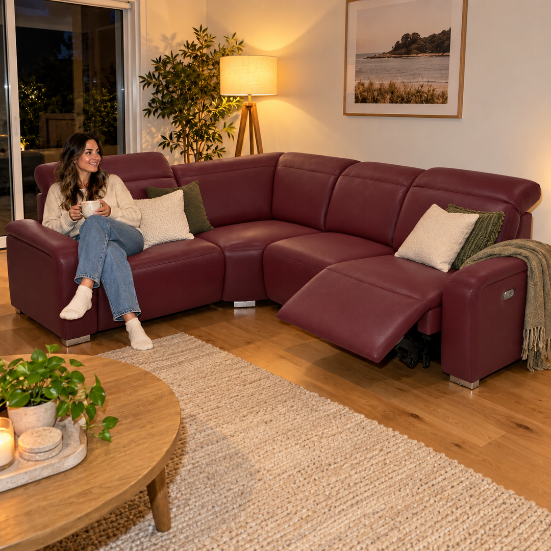 Emma Electric Corner Sofa - Vegan Leather 04 - Burgundy — flash lifestyle visualisation