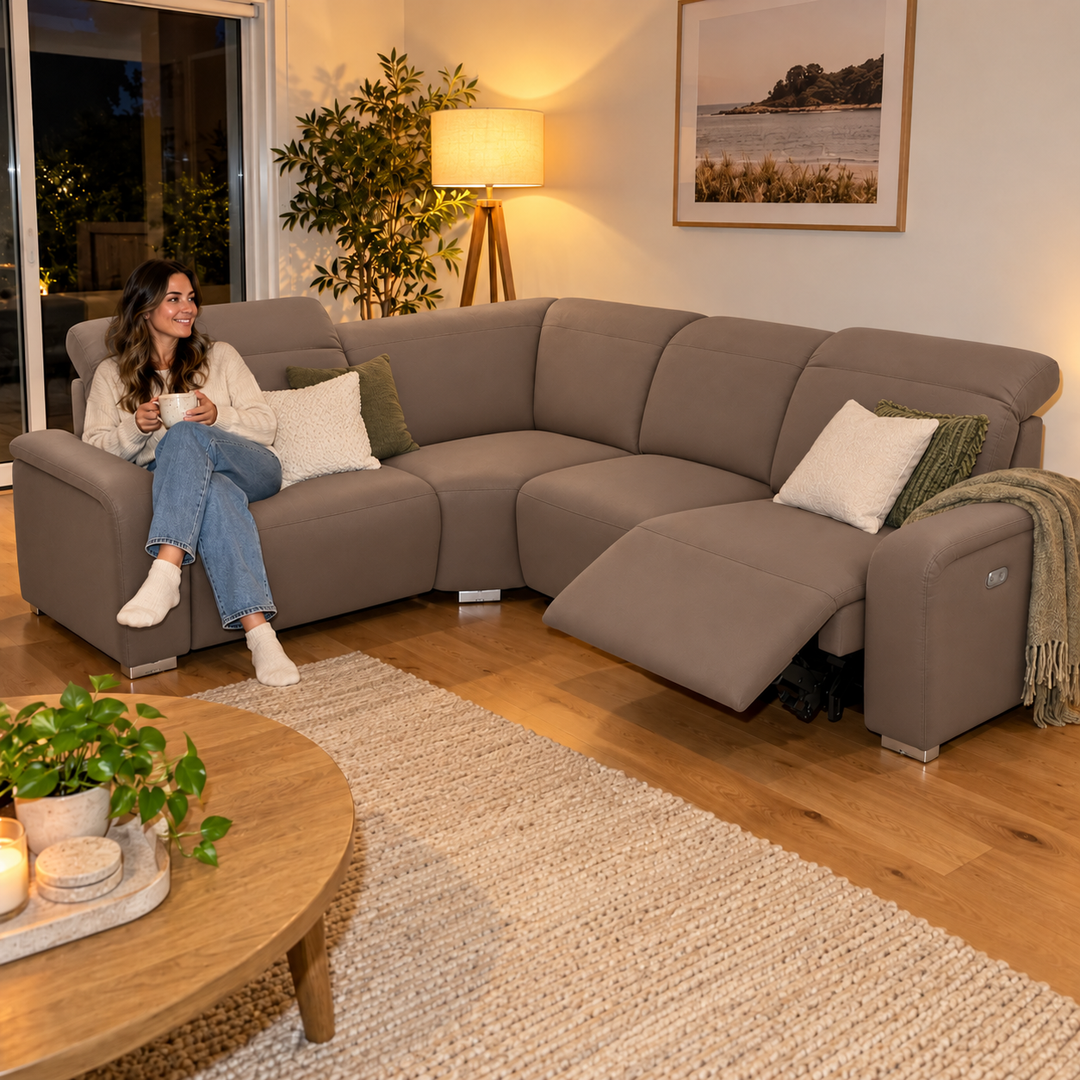 Emma Electric Corner Sofa - Vegan Leather 05 - Taupe Brown — flash lifestyle visualisation