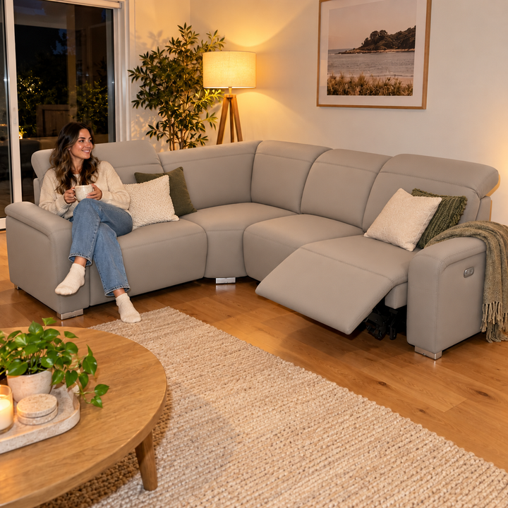 Emma Electric Corner Sofa - Vegan Leather 06 - Light Mushroom — flash lifestyle visualisation