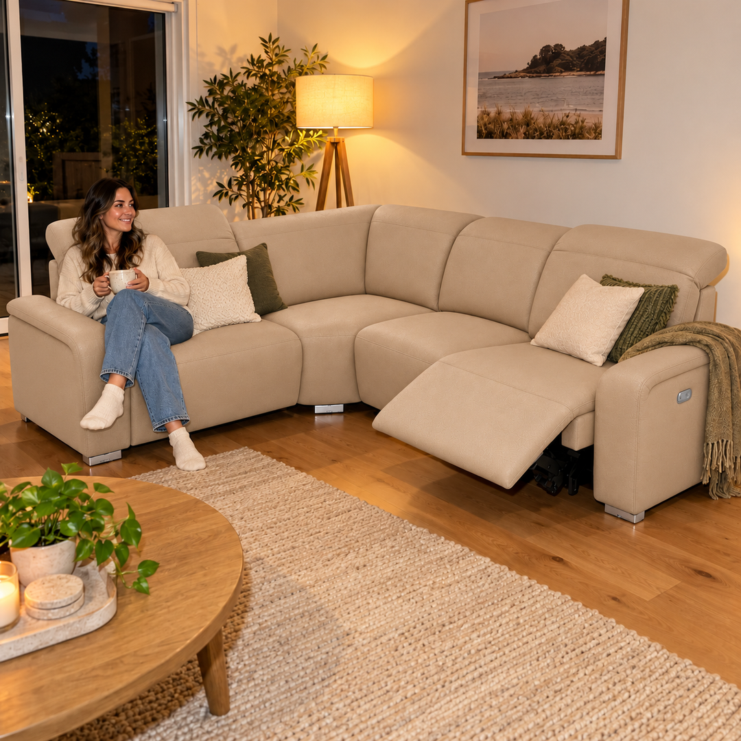 Emma Electric Corner Sofa - Vegan Leather 07 - Warm Beige — flash lifestyle visualisation