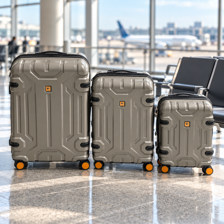 Fiesta taupe suitcases in three sizes in an airport setting
