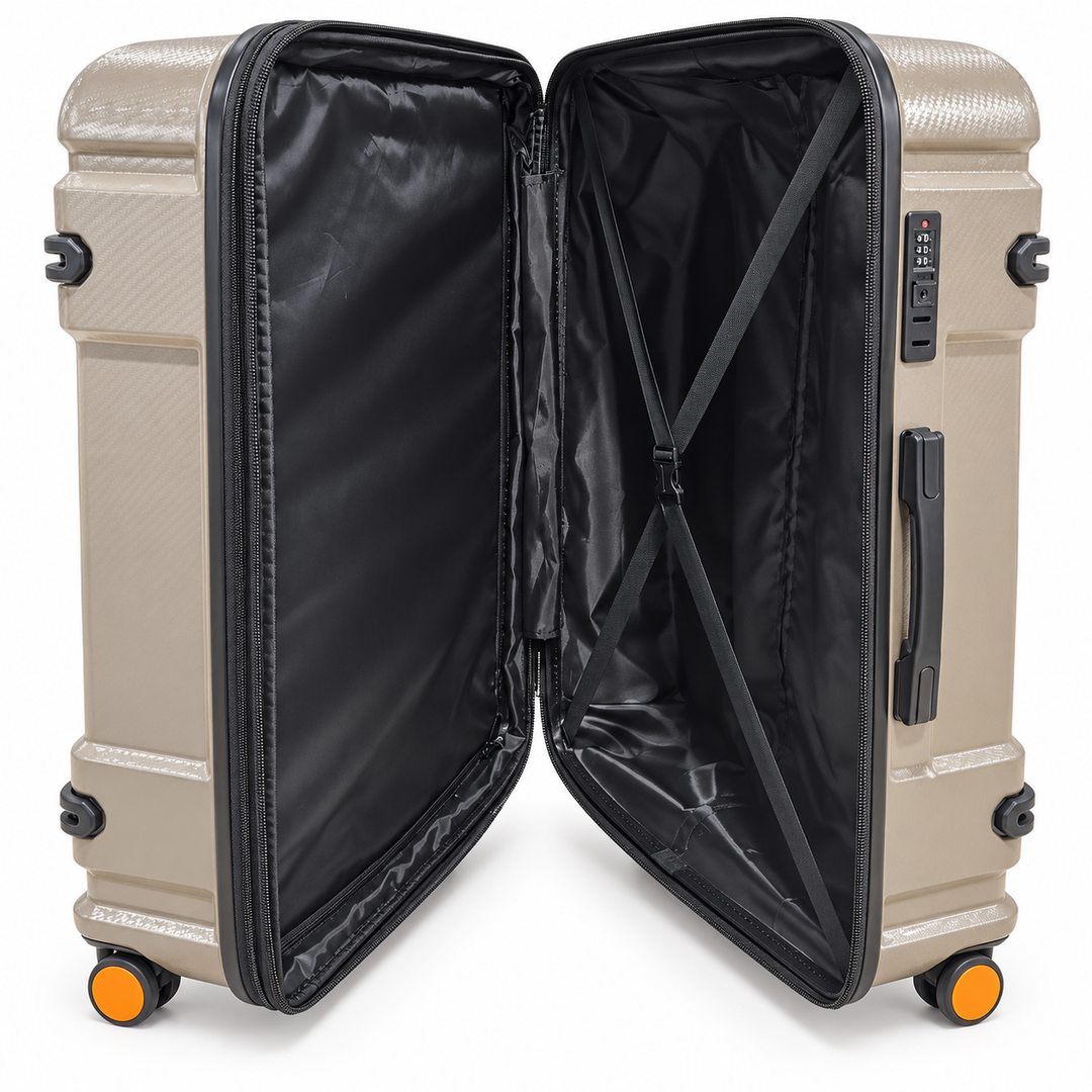 Open Fiesta suitcase showing black lining, zippered divider and crossed packing straps