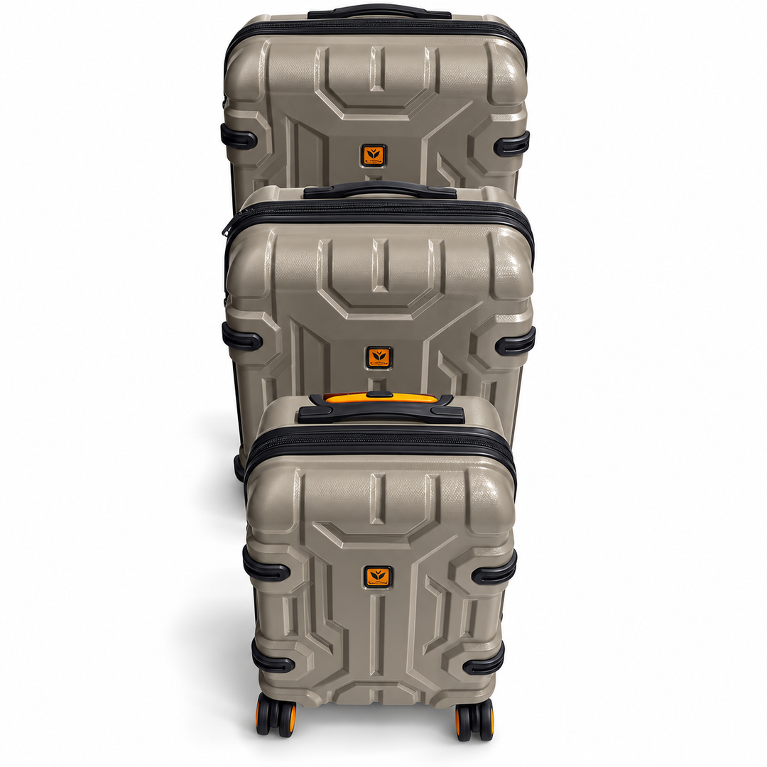Fiesta taupe suitcases in Cabin, 26-inch and 30-inch sizes arranged front to back