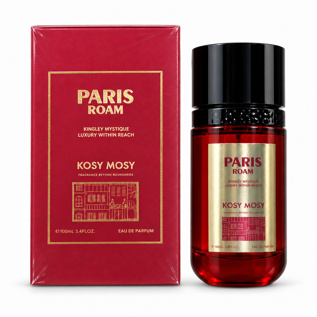 Paris Roam perfume in a red bottle with black cap beside a red and gold box
