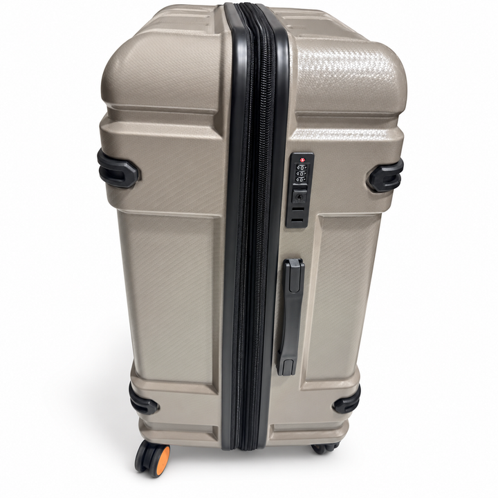 Fiesta suitcase side view showing combination lock, handle and expansion zip
