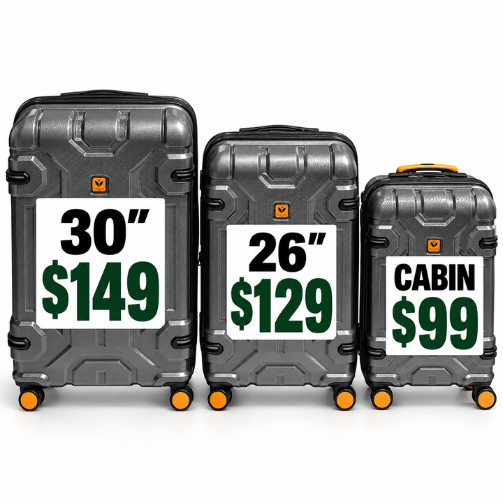 Fiesta grey suitcases with prices: 30 inch $149, 26 inch $129 and Cabin $99
