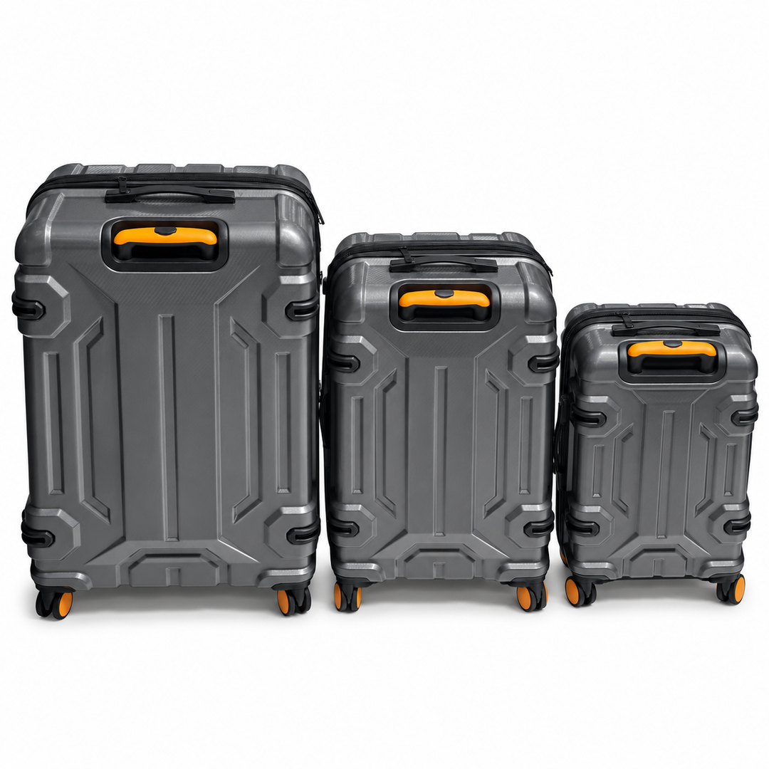 Rear view of three Fiesta charcoal grey suitcases