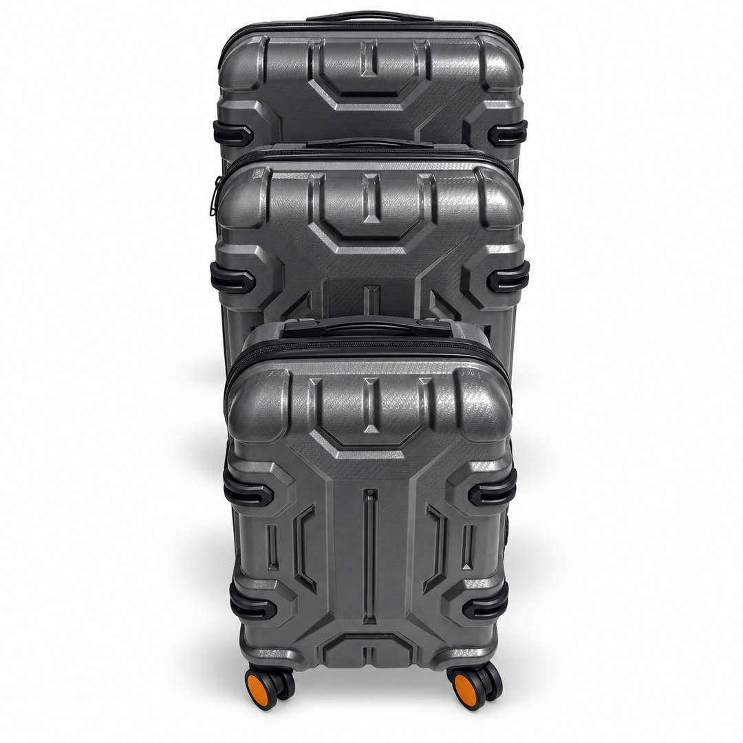 Three sizes of Fiesta charcoal grey luggage arranged front to back
