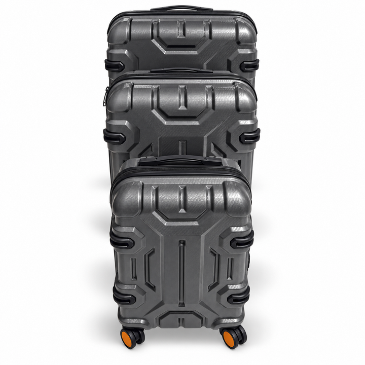 Three sizes of Fiesta charcoal grey luggage arranged front to back