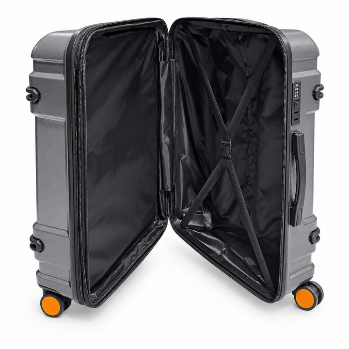Fiesta grey suitcase black lined interior, divider and packing straps
