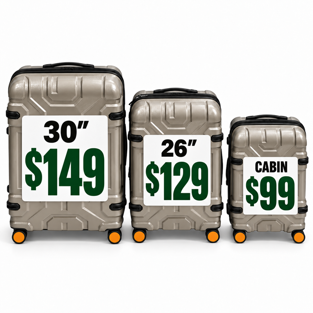 Fiesta suitcases 30 inch $149, 26 inch $129 and Cabin $99