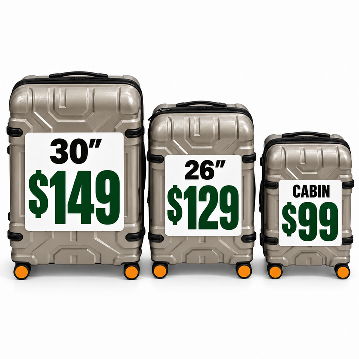 Fiesta suitcases 30 inch $149, 26 inch $129 and Cabin $99