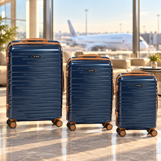 Ginza Travel navy brown spinner suitcases in an airport lounge