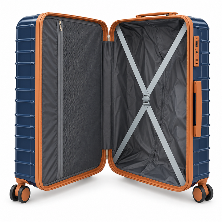 Ginza Travel suitcase interior with zipped mesh divider and cross straps