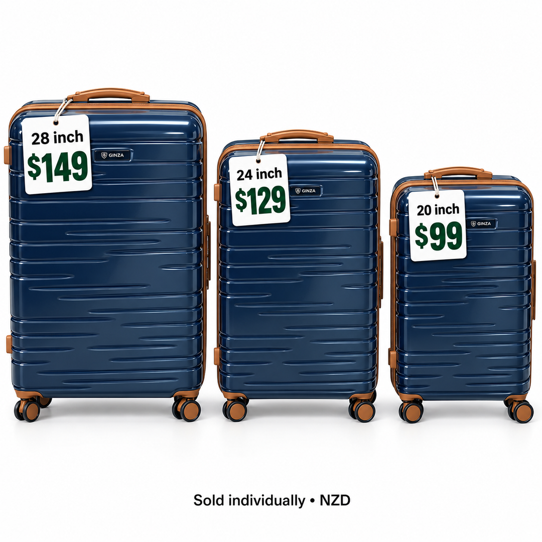 Ginza Travel navy brown suitcases 28 inch $149, 24 inch $129, 20 inch $99 sold individually