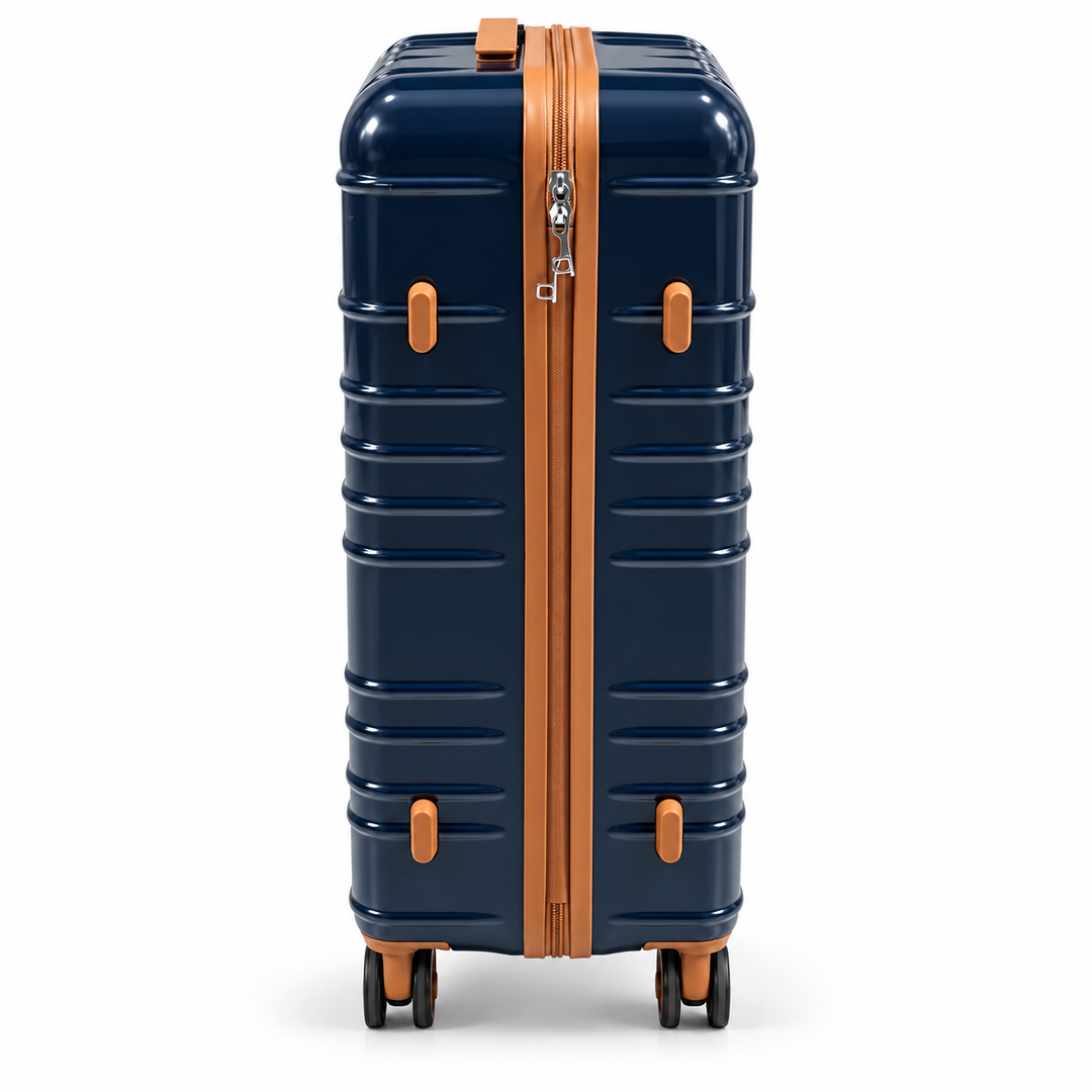 Ginza Travel navy brown suitcase side with zipper and protective feet