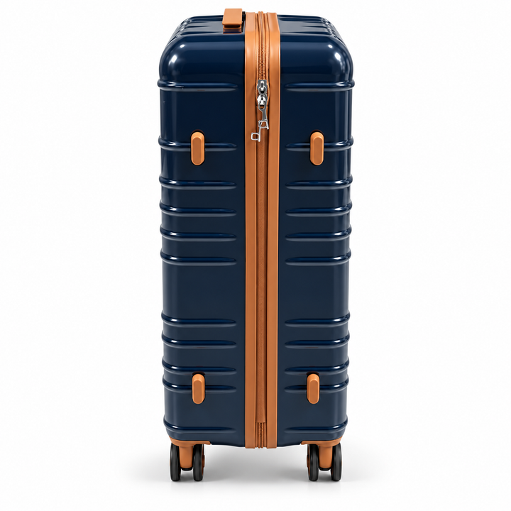 Ginza Travel navy brown suitcase side with zipper and protective feet
