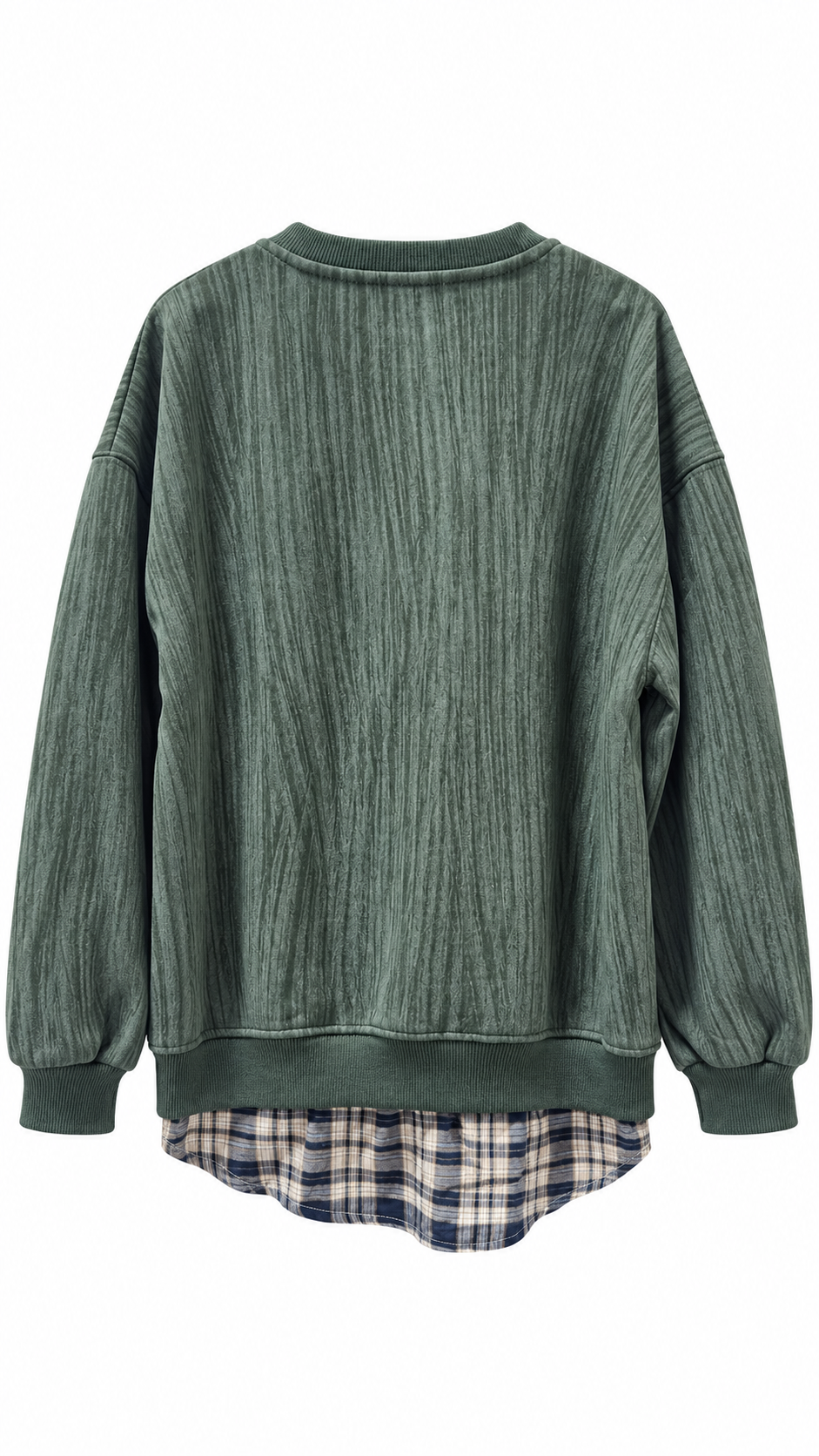 2677 green textured sweatshirt back with plaid hem