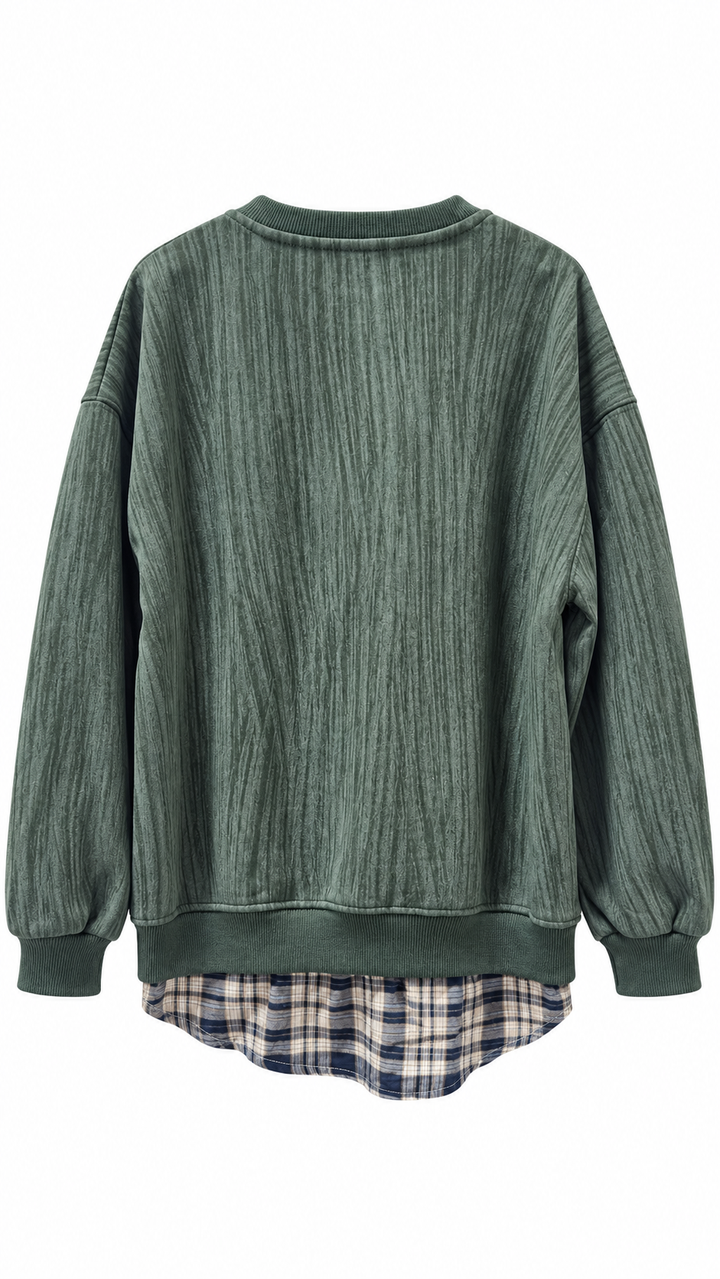 2677 green textured sweatshirt back with plaid hem