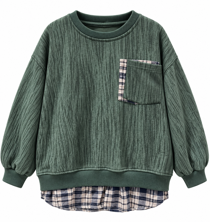 2677 green textured sweatshirt with plaid chest pocket and layered hem