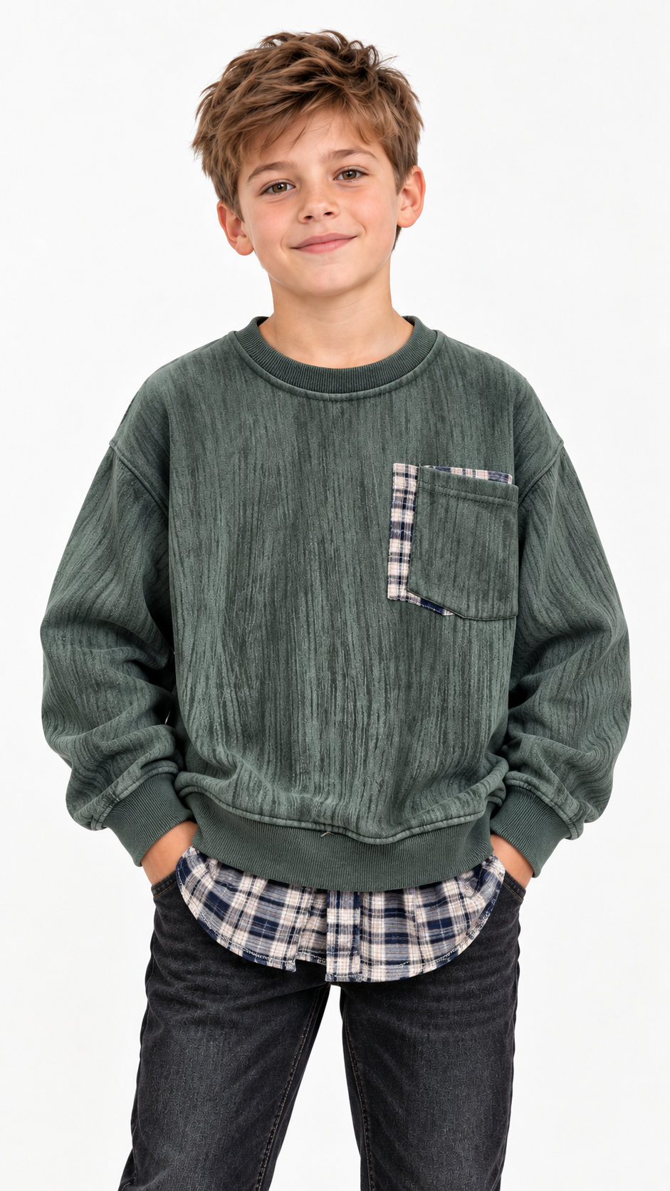Child model wearing green 2677 textured sweatshirt with plaid pocket and hem