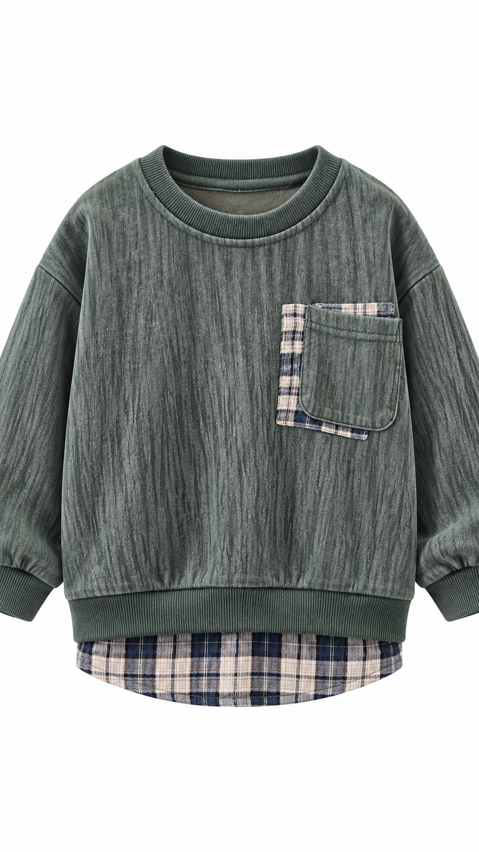 2677 green crew neckline and plaid-backed pocket
