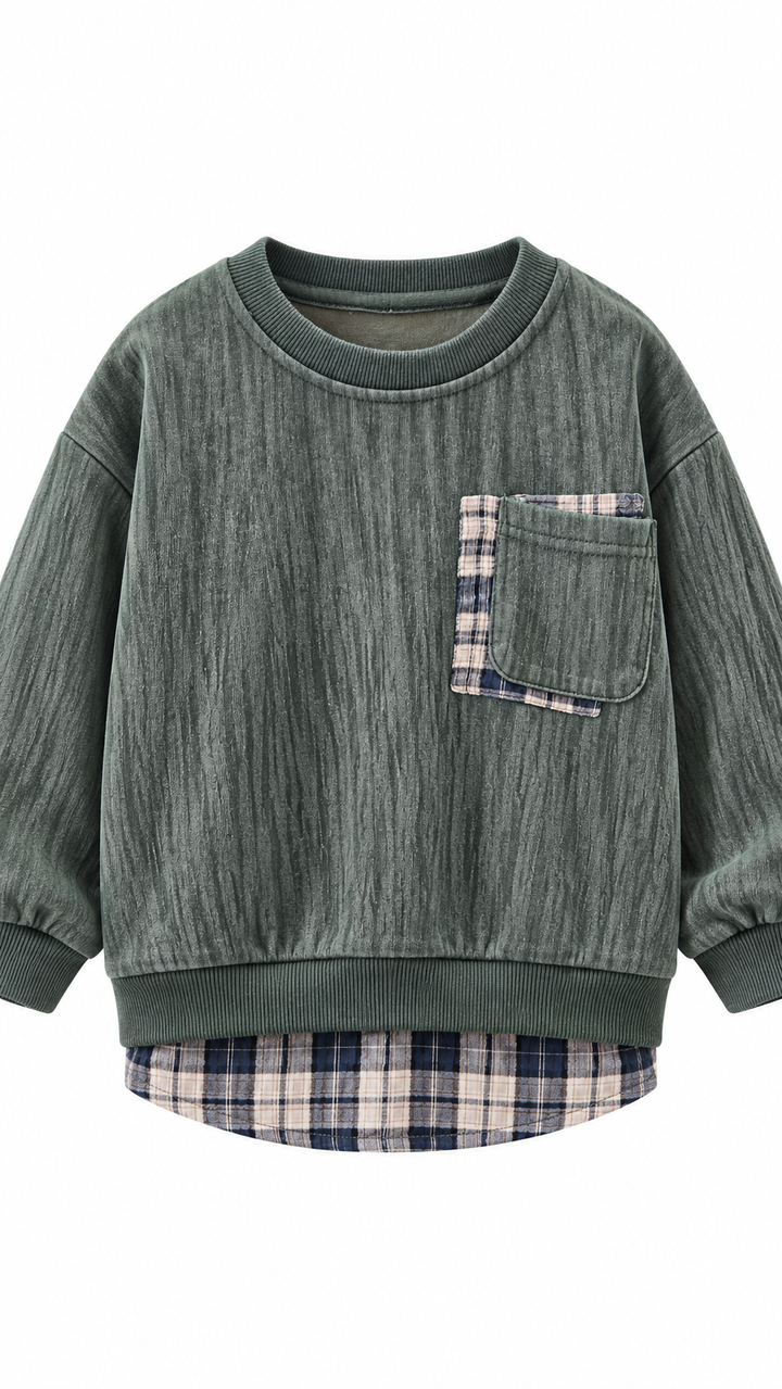 2677 green crew neckline and plaid-backed pocket