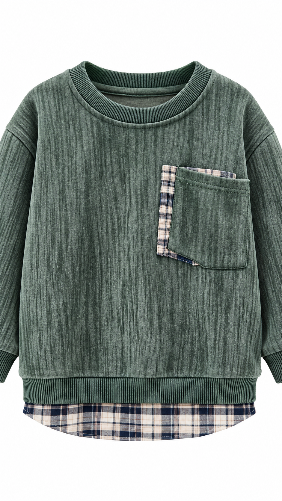 2677 green fabric texture and contrast plaid pocket detail
