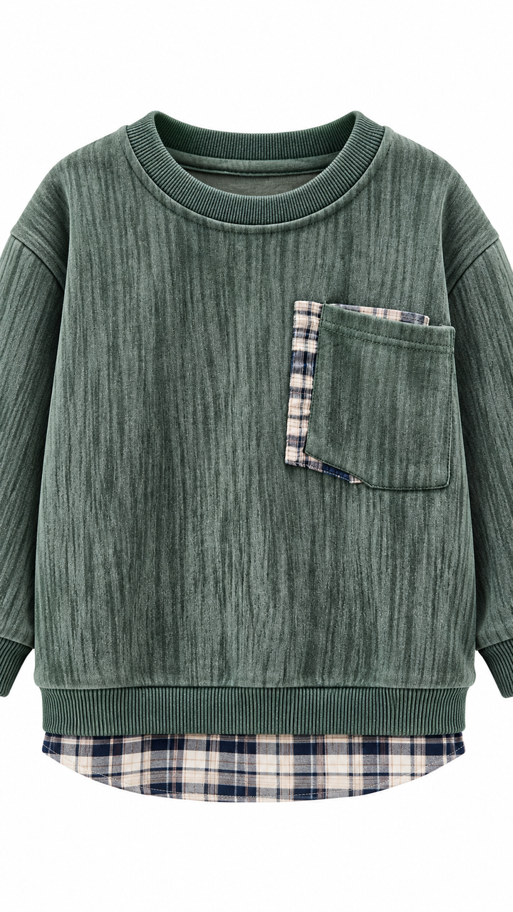 2677 green fabric texture and contrast plaid pocket detail