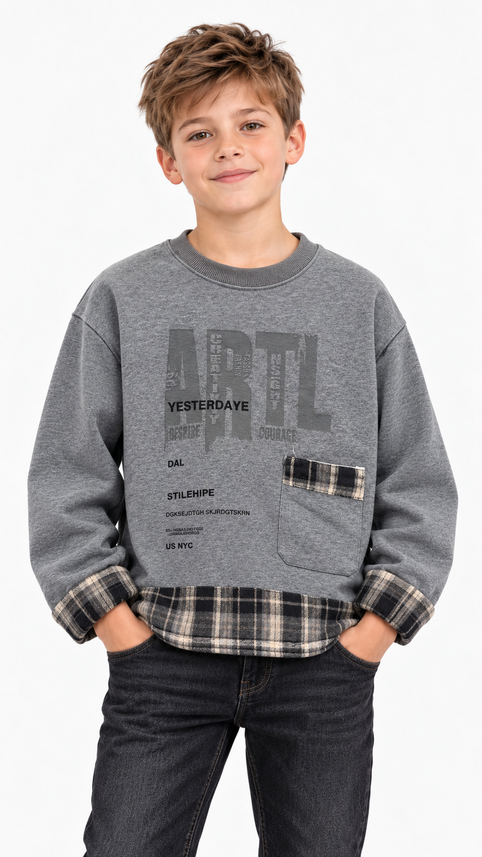 Child model wearing grey 8026 plaid-trim sweatshirt