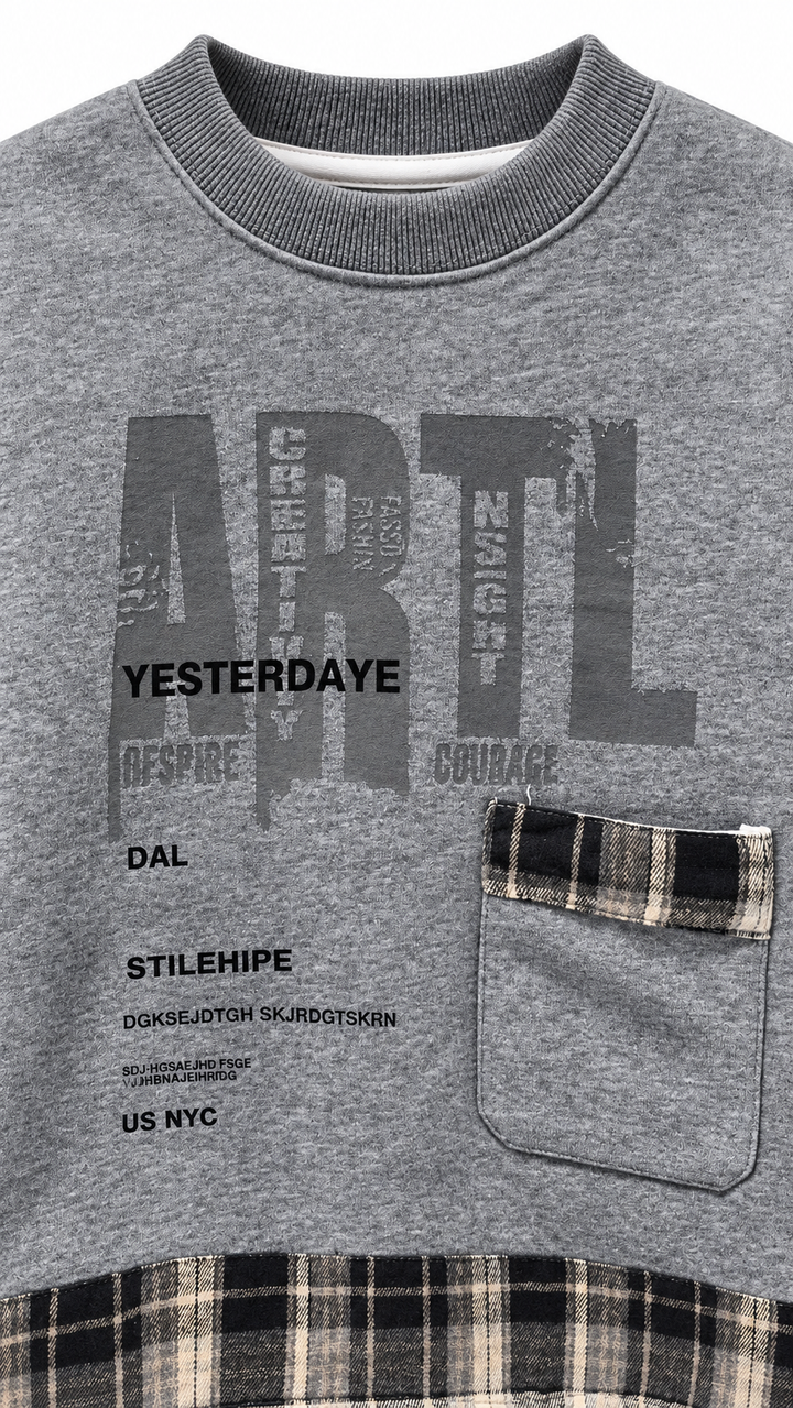 8026 graphic and plaid pocket detail