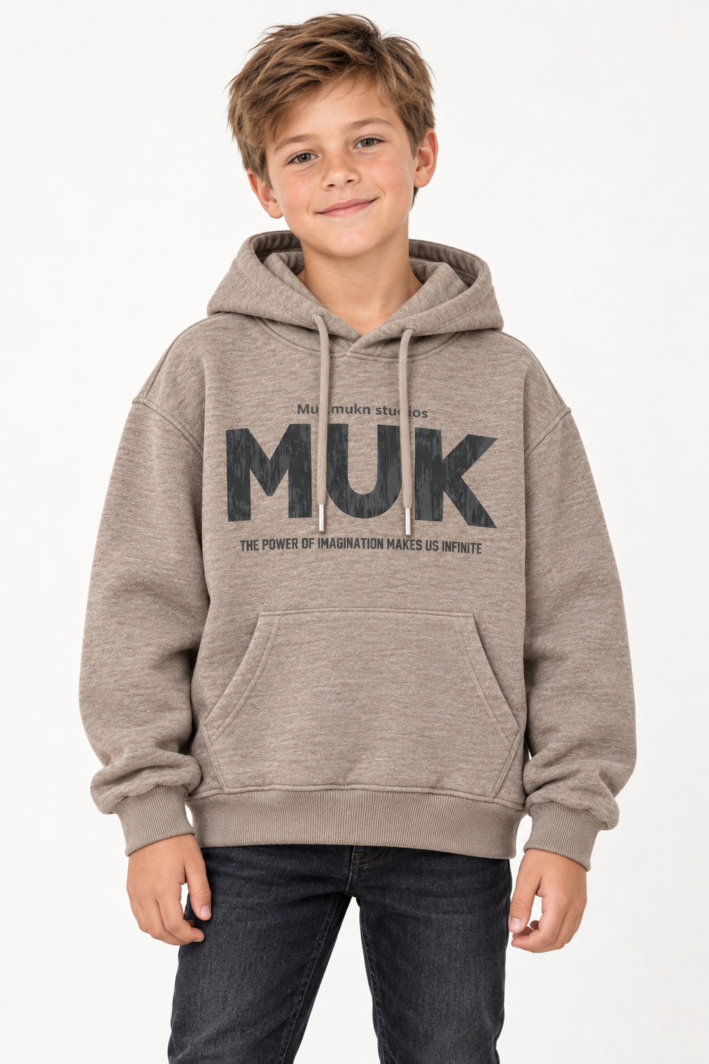 8066 taupe marl MUK hoodie – AI-generated child model wearing illustration