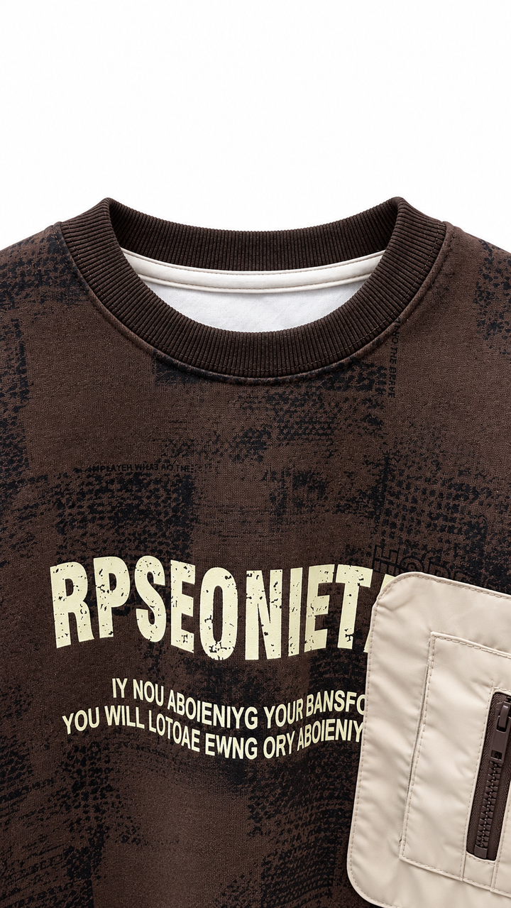 Brown ribbed crew neckline and printed chest of 8068-2 sweatshirt
