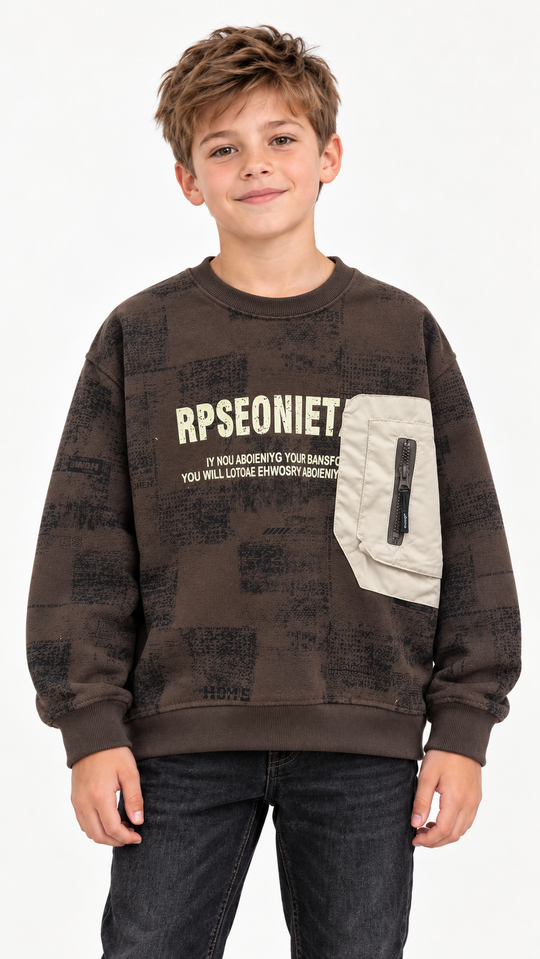 Child model wearing brown 8068-2 graphic sweatshirt with beige zip chest pocket