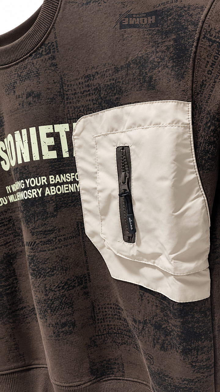 Beige zip chest pocket on brown 8068-2 sweatshirt