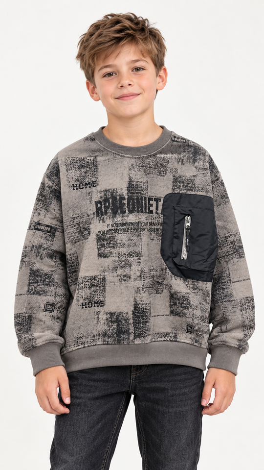 Child model wearing 8068 graphic sweatshirt