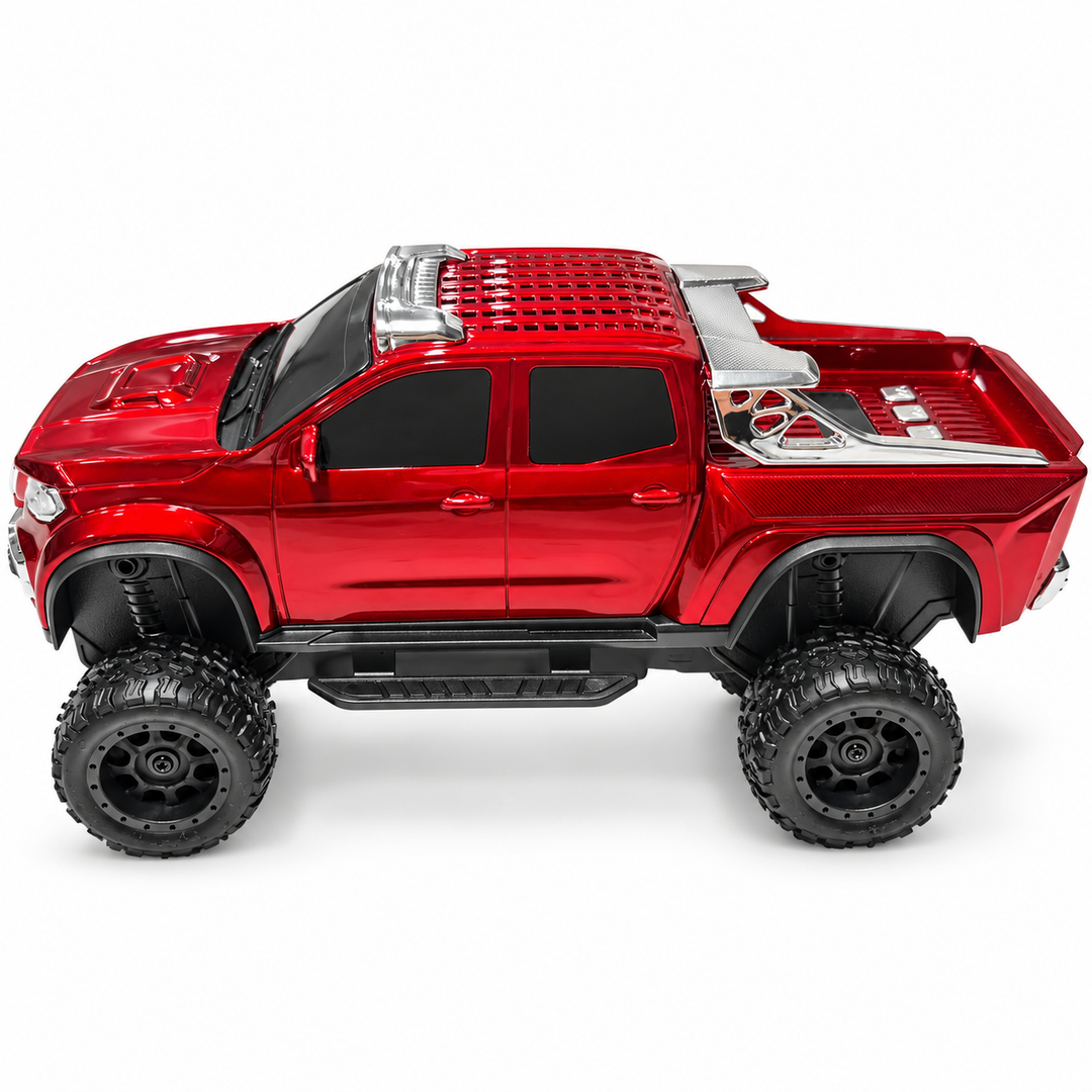Red ute-shaped Bluetooth speaker on white, side view
